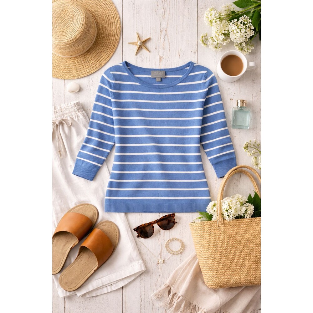 Pure Collection 100% Cashmere Blue And White Striped 3/4 Sleeve Top Size 4